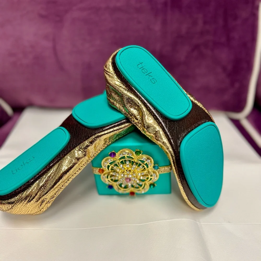 Tieks Metallic Gold Ballet Flats with Teal Accent, special holiday edition. - Picture 2 of 5